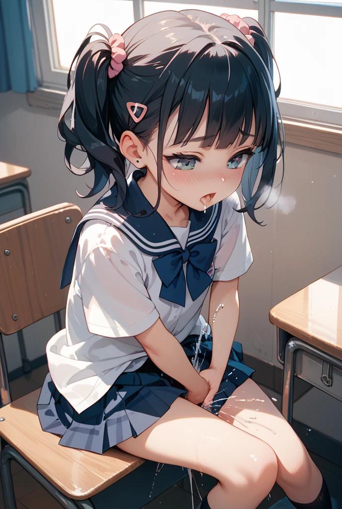 (((masterpiece, Highest quality, High resolution, 超High resolution, Pixel perfect, Written boundary depth, 4K, About RTTX10.0))), Beautiful Anime Women, Beautiful art style, Anime characters, ((Smooth texture, Realistic texture, Anime CG Style)), Exact finger count、Exact number of legs、(Exact number of arms:1.0, Exact number of hands:1.0), (Perfect hands, Perfect Anatomy), Cinematic, Realistic, Highly detailed CG, Daytime lighting, Perfect lighting, Best Shadow, The best natural light, whole body, Perfect body, (Slender body:1.2), whole body, ((bangs, Dark brown hair, Bobcut)), ((One woman is kneeling, looking up and gazing open-mouthed., sleep:1.4)), ((Beautiful eyelashes)), ((Detailed face, Blushing:1.2)), (Beautiful and large breasts:0.9), (Amazingly beautiful girl), (School classroom:1.3), (Fashionable white shirt, Sailor collar, Navy blue sailor suit, Knee-high socks, Navy pleated mini skirt:1.3), (Open your mouth wide:1.5), ((close your eyes:1)), ((cute, Sighing expression)), Breathe with your shoulders, sexual pleasure expression, Holding in pee、Patience is the limit、On the brink of climax, (Perfect Anatomy, Perfect number of arms, Perfect hands)、(cum on face, cumin mouth:1.7), Look up, A 'Phew' sound, Surprised expression, Angle from above right, (My face is covered in sticky white liquid, There is a lot of sticky in the mouth:1.7)