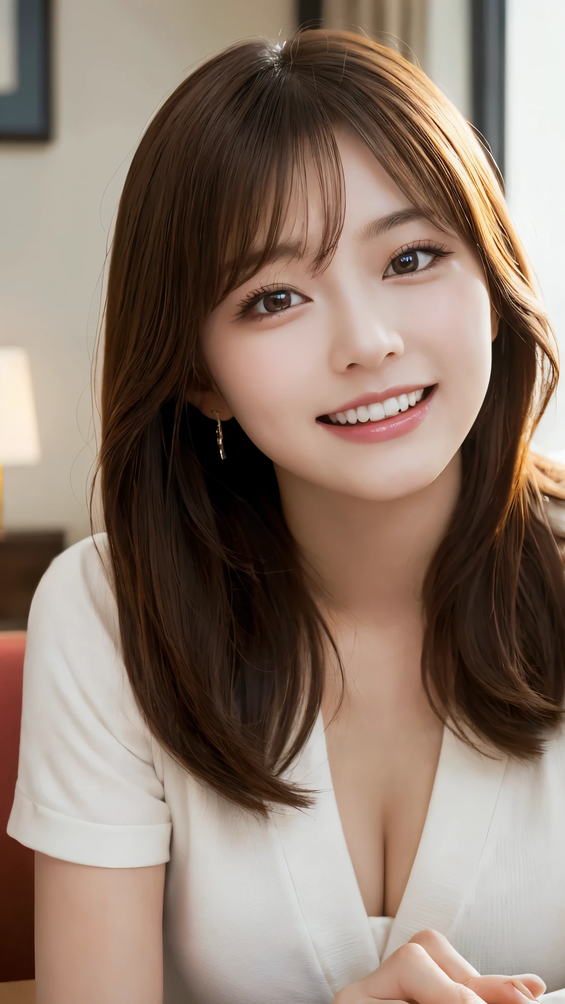 table top、highest quality、real、Super detailed、finely、High resolution、8k wallpaper、one beautiful woman、、light brown messy hair、He is wearing a black see-through dress shirt with an open collar.、sharp focus、perfect dynamic composition、beautiful detailed eyes、thin hair、詳細なrealな肌の質感、smile、close up portrait、model body shape
