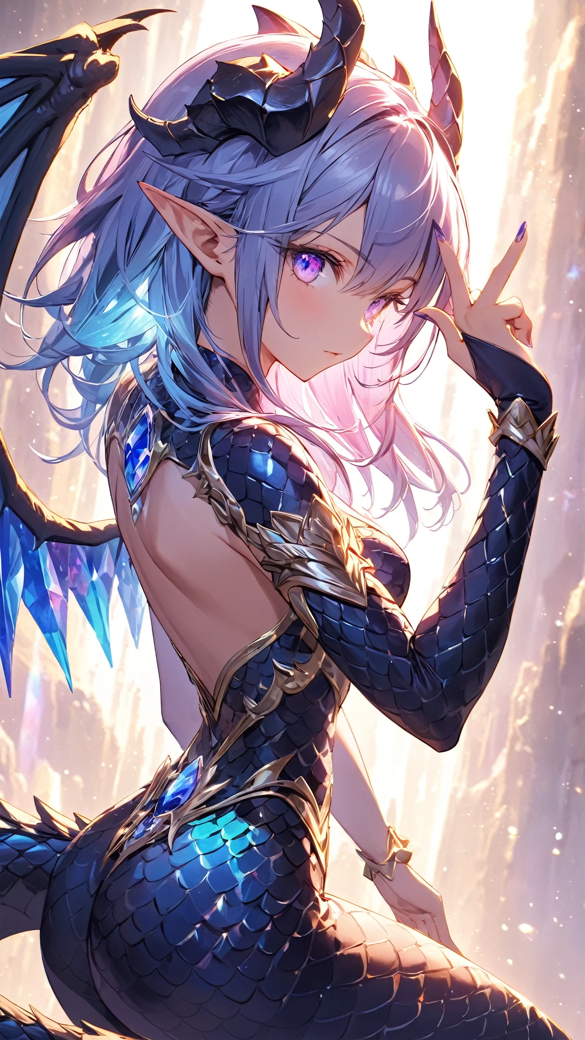 masterpiece, highres,best quality,<lora:kuno kirara-Ill-001:1>, kuno kirara, 1girl, solo, reflector, hair over one eye, frills, skirt, thighhighs, purple eyes, thigh boots, center opening, bowtie, pleated skirt, boots, blue hair, breasts, pink bow, black skirt, dress, detached sleeves, armored boots, armor, aqua hair, wings, dragon