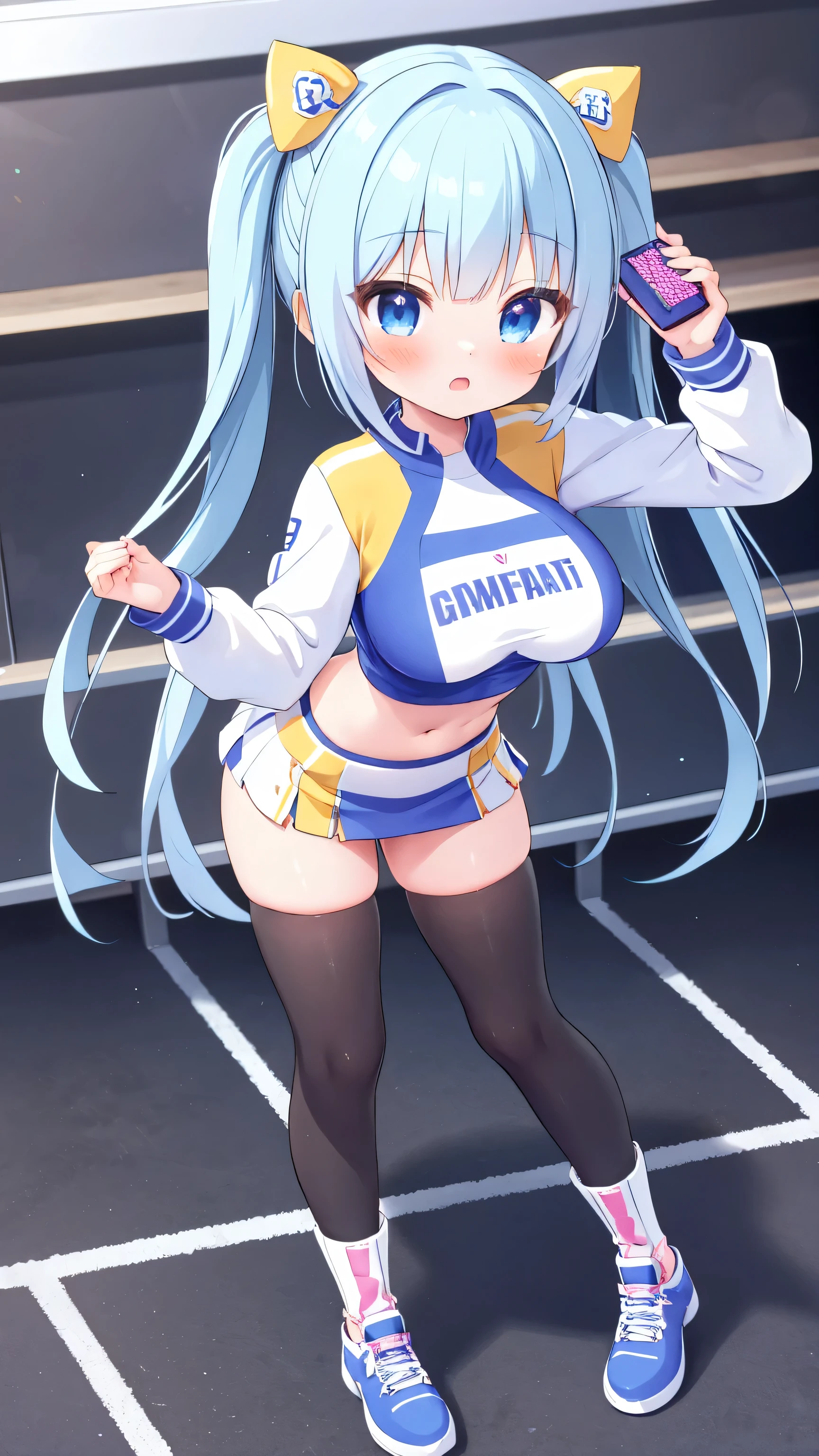 (Masterpiece) (High Detail) (High Res) A short humanoid girl with pale human skin and long blue hair and blue dog ears and a fluffy blue dog tail and average breasts. She is stood wearing an oversized baggy white England Soccer Jersey. England Soccer. Euro 24. White shirt and Navy shorts. She is in a bar and is holding an English flag and has england flag face pair. She looks happy. She is a soccer fan. Nike. Long hair. Arms in the air and singing. 