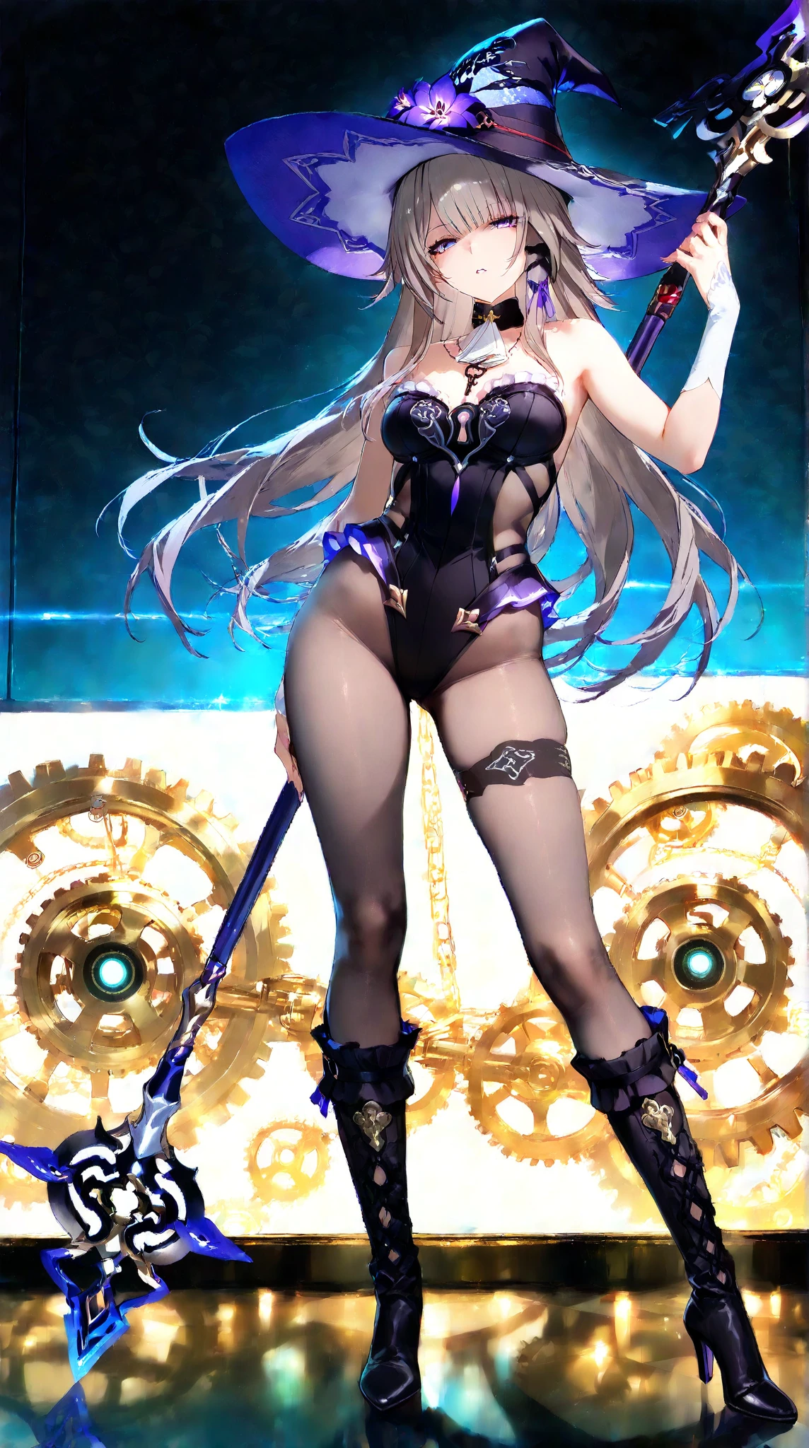 Airidimension, 1girl, solo, long hair, (big breasts), looking at viewer, bangs, (Stand straight with your arms relaxed by your sides), blonde hair, gloves, dress, holding, cleavage, hair between eyes, bare shoulders, very long hair, closed mouth, yellow eyes, weapon, white hair, big breasts, horns, black gloves, elbow gloves, sword, holding weapon, white panties, black dress, clothing cutout, thigh strap, holding sword, arm behind back, , blunt bangs, armpits, makeup, realistic, thigh strap
