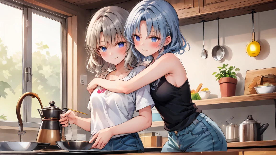 2girls,smile, naked apron,showing armpits,undressing