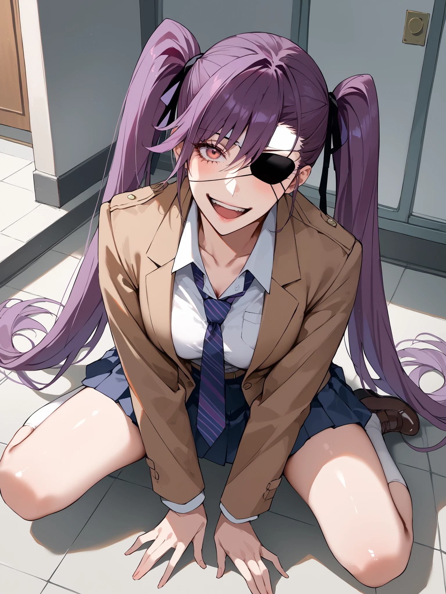 Eye patch、Poop sitting、Squat、 sits on the floor、 brown blazerを羽織る、 purple hair、Long sleeve shirt、、Twin tails that reach down to the waist、uniform、School corridor、Open the chest、 ties、 yandere, yandere、 Eerie Smile , Crazy Laughter, I stopped laughing from the edge of my mouth , brown blazer、Angle from waist up、 taken from above、 pleated skirt、 Yankee、Squat、squat、wicked lol lol、