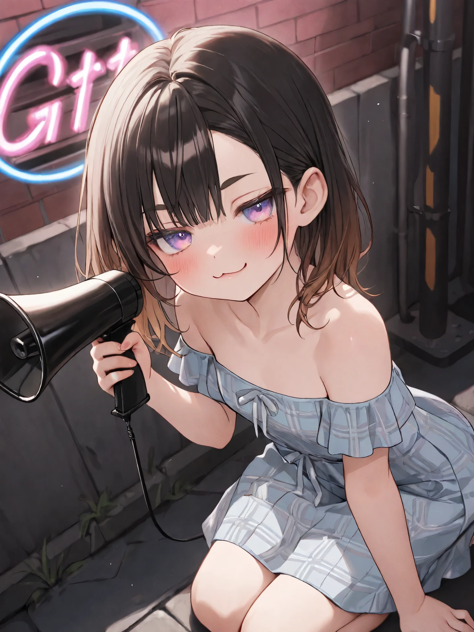 ((Masterpiece)), ((best quality, very aesthetic, absurdres, newest)), (8K), (cinematic lighting), ((1girl)), (cute young girl), (Healthy body, Textured skin, small breast, tilt head), Glossy hair, (Asymmetrical bangs, long side bangs), (medium hair, dark brown hair, unruly hair, gradient hair), ((smug, :3, blush)), (pale purple eyes, glitter eyes, gradient eyes, jitome), big eyes, (short eyebrows), glossy lips, (lower eyelashes), BREAK, ((Plaid dress, Off-Shoulder dress, hoop dress, strapless, ta fashion), Beautiful collarbones, ((Hold up megaphone in left hand)), Beautiful shoulders, (loose kneeling on the Unsafe back alley, dimly lit alley), outdoor, neon sign,