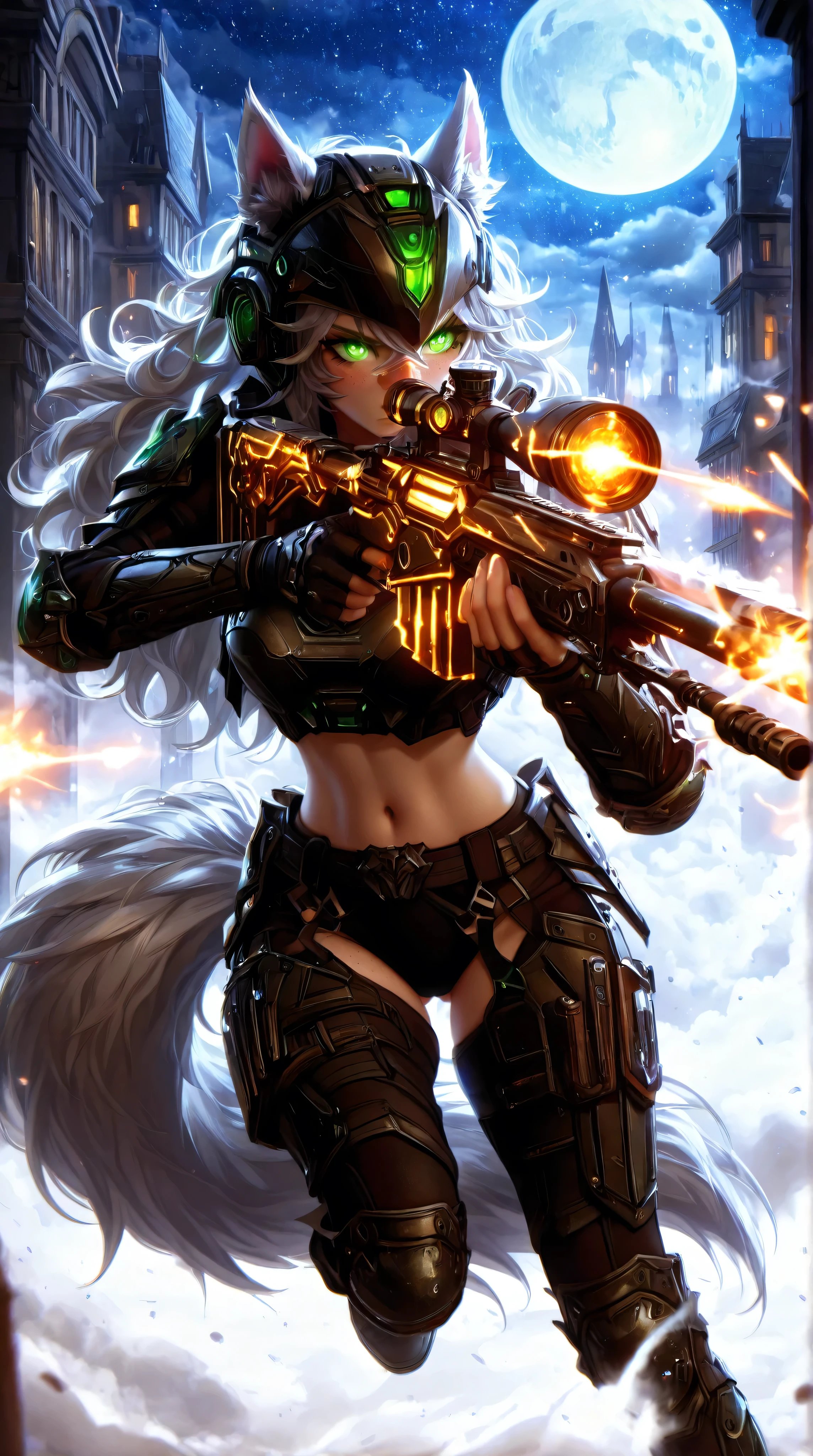 Masterpiece, best quality, amazing quality, absurdres, very aesthetic, lazypos, 3D, 1 woman, (woman , tall, slim, medium-big chest, large hip, silver long hair, fluffy hair, wolf ears, fluffy ears, wolf eyes, fluffy tail, clear skin), smooth natural moonlight with soft shadows , night , outside , backdrop of a no man land with explosion and bullet flying, stary sky with moon , adventurous , fantasy-themed atmosphere , detailed background , fog , (woman, confident, (many freckles on nose line, hip, thigh, ass cheek and chest:1.48), slightly flustered, (glowing eyes, glowing hair tip, green eyes, wolf eyes, feral eyes, detailed eyes, detailed face), (thigh gap:1.27), (detailed chest), wearing a futuristic fantasy style military tactical military suite with bulletproof armor showing midriff, (chest armor, hip armor, knee armor, waist armor, helmet with hole for ears, big military boots, holding a sniper rifle, sniper rifle, detailed), (crouching, aiming, firing at enemy), front view