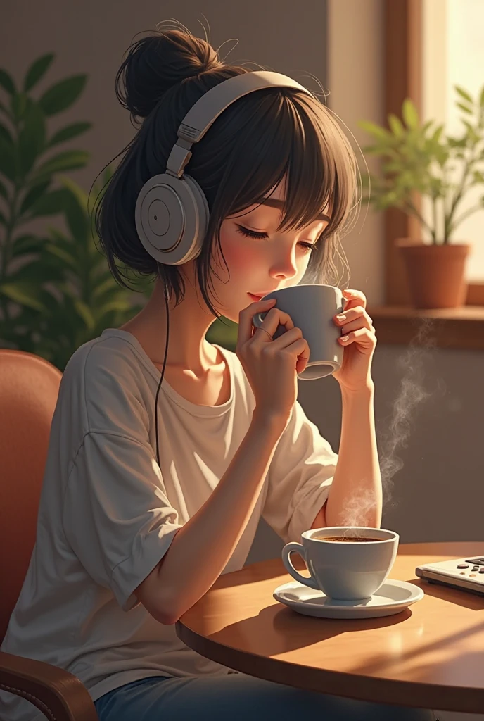 Draw me an anime character sitting and listening to music in a cafe 4k