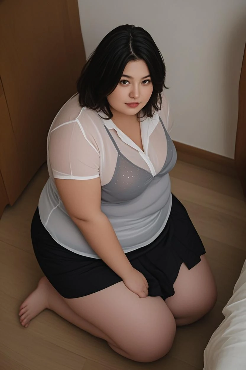 Highly detailed CG Unity 8k wallpaper, top quality, super detailed, masterpiece, realistic, photo realistic, very detailed cute girl, 25 years old, ((chubby lady:1.3)) , (plump lady:1.3) , large breasts , cleavage , round eyes, viewer, smile , parted lips, half body shot , bed , casual shirt , panties, (panties under pantyhose) , office , desk , sit at the chair, , french braid , ass shot