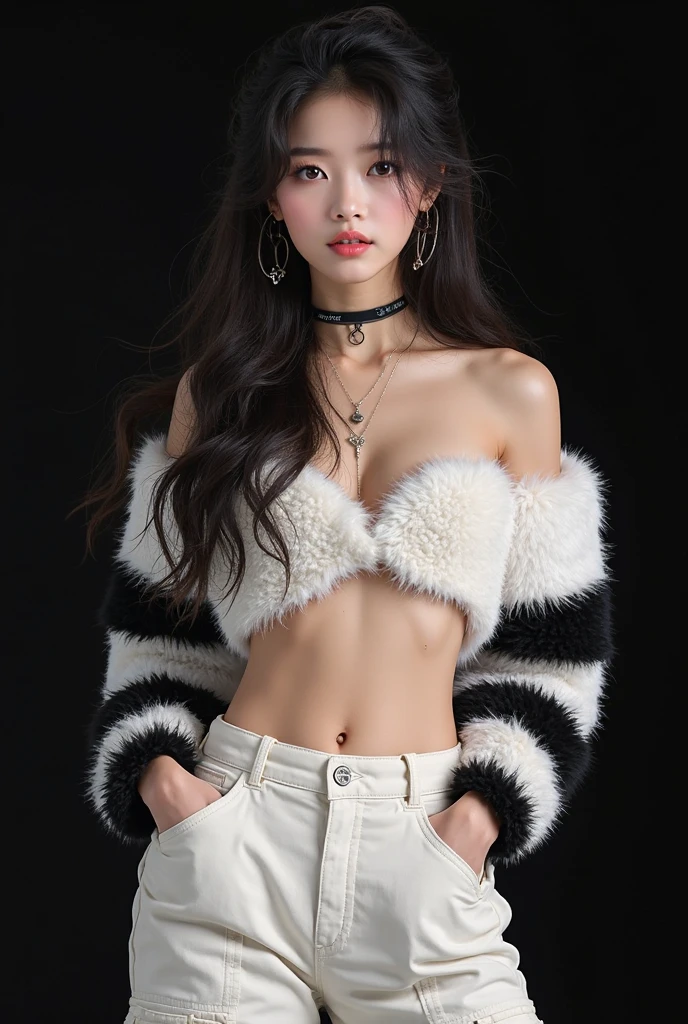 masterpiece, best quality, 8k,highestres, absurdres, extremely detailed, female trafalgar law, 1girl, holding a sword, solo, looking at viewer, long hair, medium breasts, hat, navel, earrings, midriff, pants, coat, fur trim, denim, jeans, shoulder tattoo, hand tattoo, finger tattoo, black fur-trimmed coat, coat on shoulders, yellow tank top,///,