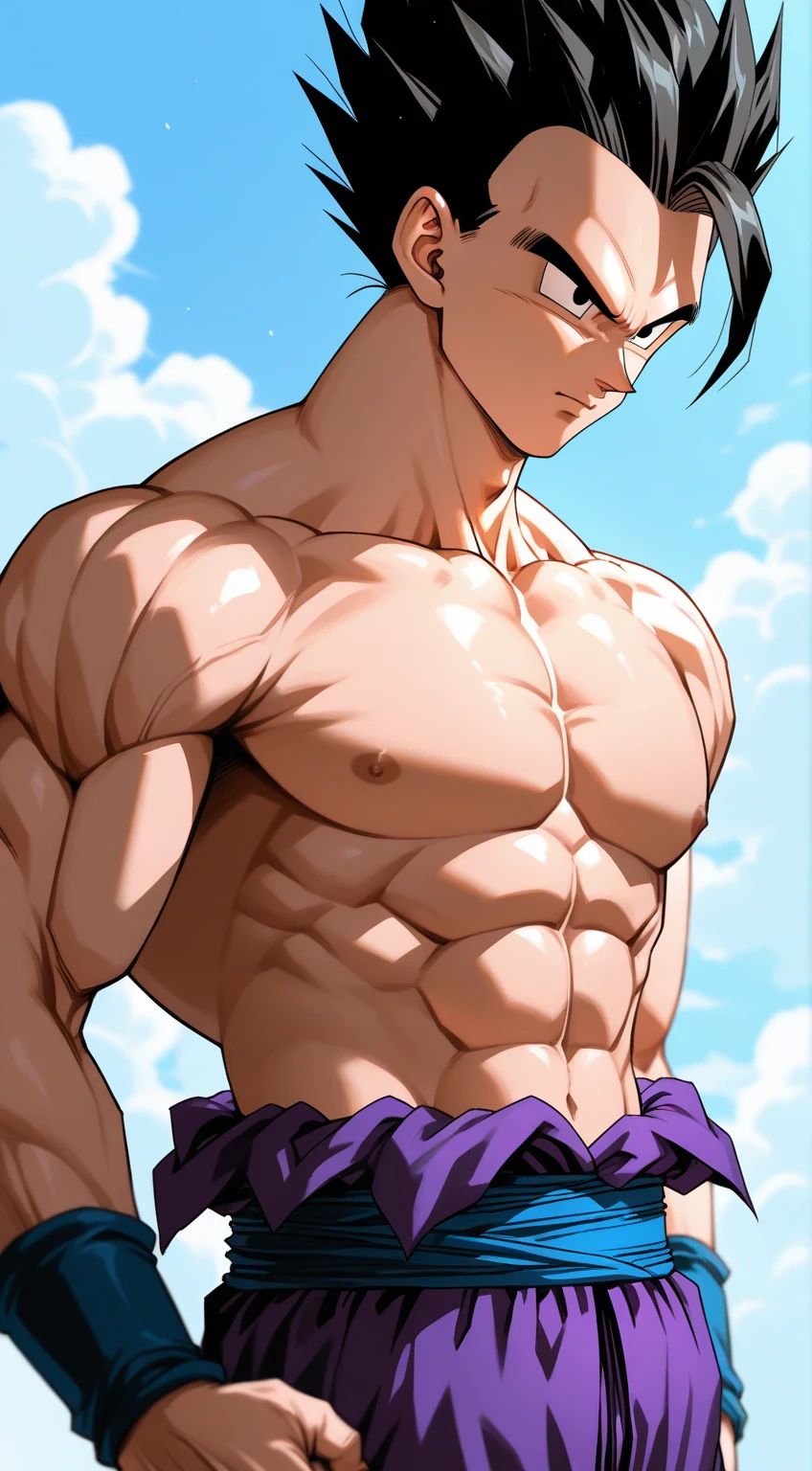 yoru valorant, close-up shirtless, fully shirtless, both hands raised above head, armpit exposed, thick armpit hair,