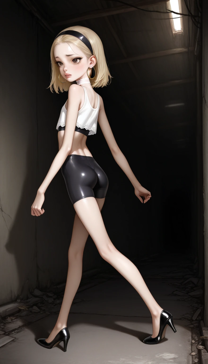 Very very thin anorexia long elongated body. very thin, and unreal long skinny legs in pantyhose. very beautiful cute real face, staying pose