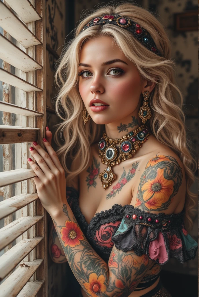 (masterpiece, best quality), Busty woman, bikini bimbo type, underboob, legs spread wide open , (cameltoe:1.3), sexy extravagant posing for a erotic magazine, open mouth, orgasm face, (blonde goddess, beautiful blonde girl, gorgeous woman, dasha taran, anna nikonova aka newmilky, instagram model, a gorgeous blonde, stunning woman, irina nordsol kuzmina, gorgeous female:1.1), sexy look at the camera, in a (pastel pink lingerie:1.1) , ( with tattoo on her breast:1.1) , wide open cleavage, flowers roses, champagne and gold tones, updo hair dress, voodoo style