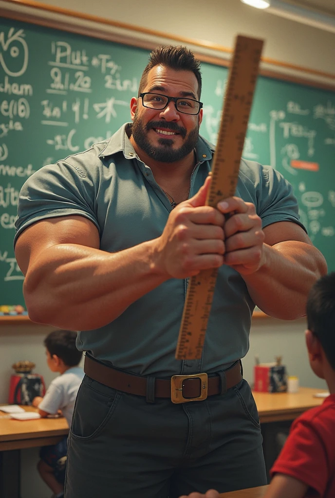 Strong and bearded cafuzo professor, in navy blue underwear, angry with a student during class.