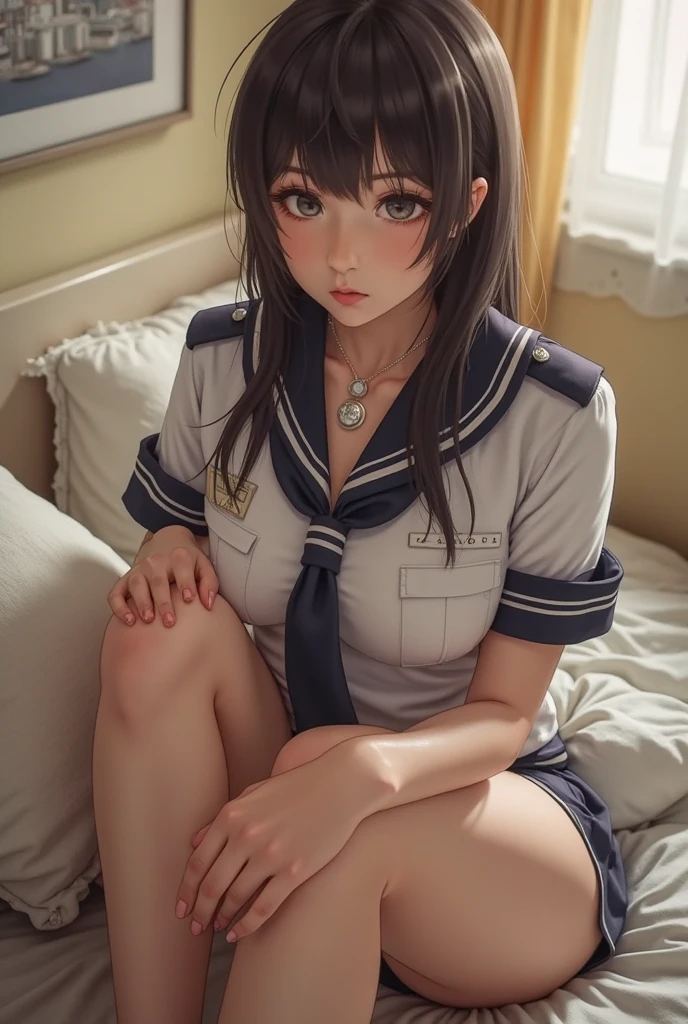 (1 woman), (Micro thong), ((under boob)), ((Crop Top shirt)), ((spread legs one knee up)), (Sailor school uniform only for the upper body), (white short shirt), summer clothes, ((Red Ribbon Tie)), sheer white thigh-high socks, masterpiece, Best Quality, High quality, High Definition, Finely detailed, Detailed texture, realistic representation of face, Realistic, Colorful, Ray tracing, (((lighting forward))), smile, (glowing eyes), (Detailed beautiful delicate face, Detailed beautiful eyes, A perfectly proportioned face, High detailed skin, best ratio four finger and one thumb, (((Glowing white shiny skin))), (oiled skin), (large breasts), ((Smooth texture, Realistic texture, Photorealistic)), ((Green eyes)), (((midium hair))), (Beautiful face, Cute face, Detailed face), on a bed