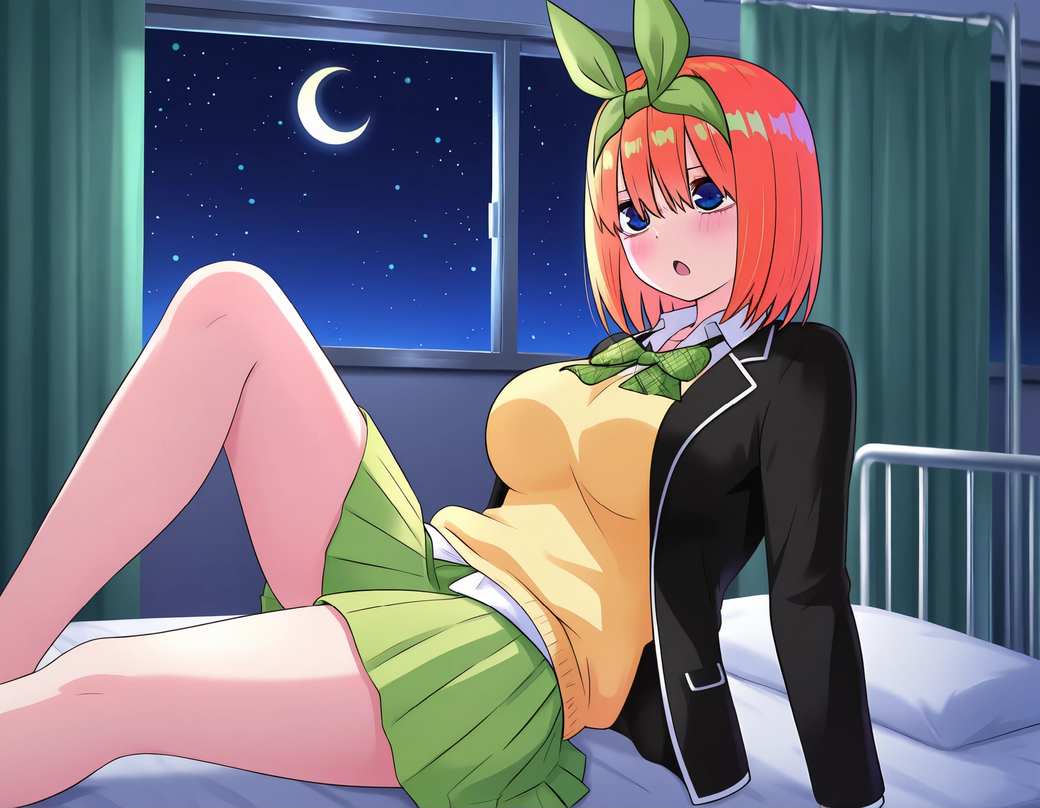 1girl,unwellness sickness nakano yotsuba, large breasts, orange hair, blue eyes, short hair, hair between eyes green bow hairband, black blazer, open blazer, yellow sweater vest, white collared shirt, bowtie, plaid bowtie, green skirt, pleated skirt,knee up,Infirmary,bed,screen,lie down on a futon,crescent moon, star (sky), dark room, night sky,