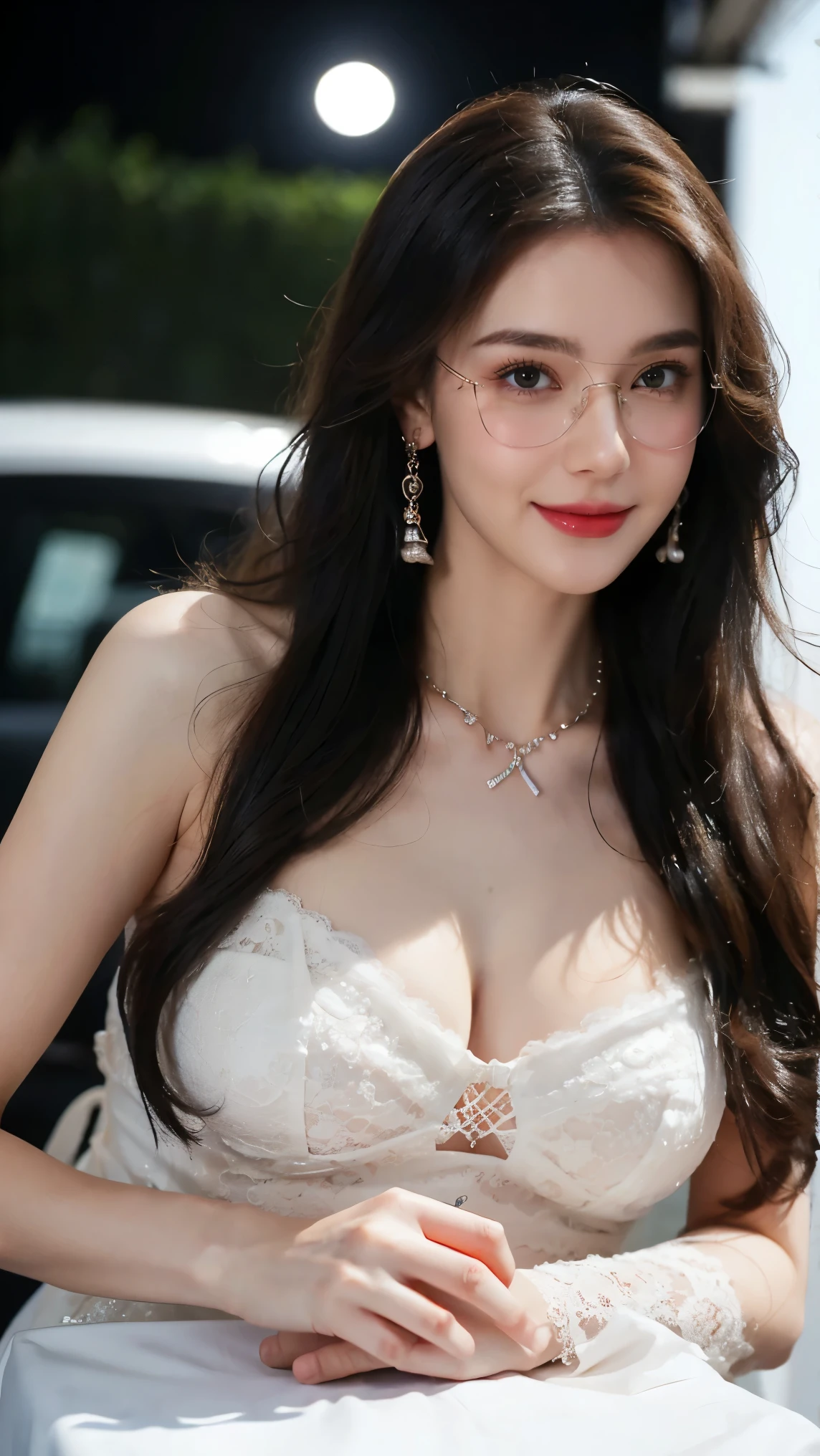 (Canon RF85mm f/1.2), (8K, RAW photos, best quality), (masterpiece), (Practical, photograph Practical), (Extremely detailed, High Detail, Best image quality, Super detailed, high resolution, Very detailed, Extremely detailed的描述, Super Fine, Extremely exquisite and beautiful work), Beautiful and delicate girl, Solo Girl, ((Perfect body)), Very detailed eyes and face, White skin, Noble beauty, ((Delicate skin texture, Pores)), Perfect anatomical structure, Delicate and beautiful body, Delicate face, Slim abs, Slim waist), Big buttocks, (Large Breasts, Breast enlargement), (cleveage), (Affectionate gaze, soulful eyes, Glowing eyes), (beautiful and clear eyes), (Bounce Curly Messy Long Hair), (Smile:1.2), (Fascinated expression), (Attractive appearance), ((Low-cut,Wedding dress,No slings,Show your shoulders,H cup breasts)), ((Tight Fit)), ((Lace stockings)), ((wear glasses)), earrings, necklace, ((night)), ((Street view, moonlight)), Physically Based Rendering, Realistic lighting, (((Upper Body))), ((looking at the audience)), ((permanent)), ((Happy and shy))