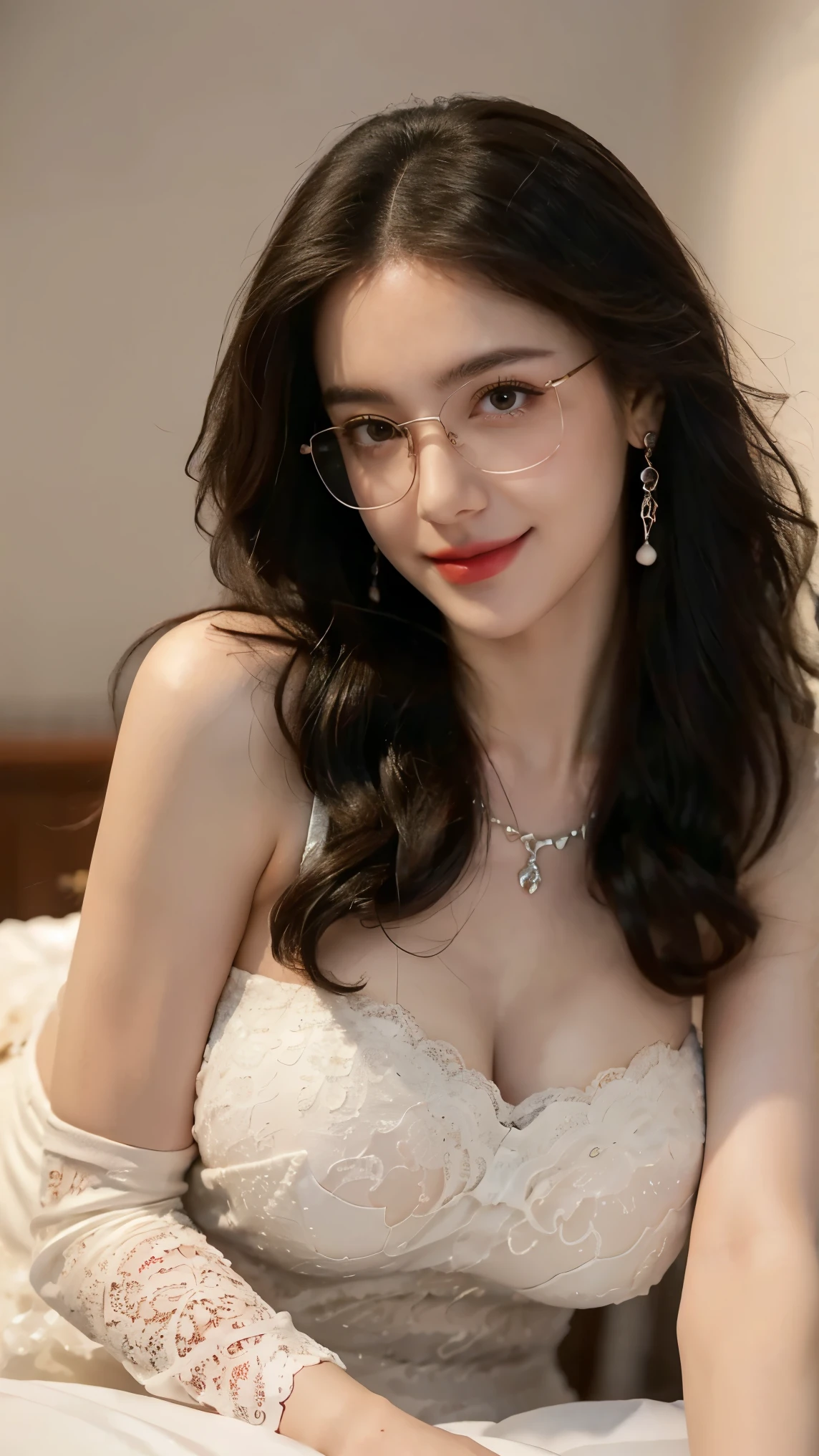 (Canon RF85mm f/1.2), (8k, RAW Photo, Highest Quality), (masterpiece), (Practical, photograph Practical), (very detailed, High detail during meals, best image quality, Super Detail, high resolution, very detailed, very detailed的描述, Super fine, very exquisite and beautiful work), beautiful and delicate girl, solo girl, ((Perfect Body)), very detailed eyes and face, white skin, Noble Beauty, ((Delicate Skin Texture, Pores )), perfect anatomical structure, delicate and beautiful body , delicate face, Slim Abs, surimi waist), big ass, (big breasts, Breast enlargement), (Crack), (affectionate gaze, Soulful Eyes, glowing eyes), (Beautiful and clear eyes), (voluminous, curly, messy long hair), (smile:1.2), (Seductive Expression), (Attractive exterior with lots of exposure), (( Low Cut ,wedding dress,no sling,Show Your Shoulders,Big Breasts)), ((tight fit)), ((lace stockings)), (( Wearing glasses )), earrings, necklace, (( night )), ((street view, moonlight)), Physically Based Rendering, realistic lighting, (((upper body))), ((watches the audience)), (( curved sleeve {x} permanent )), ((happy and shy))