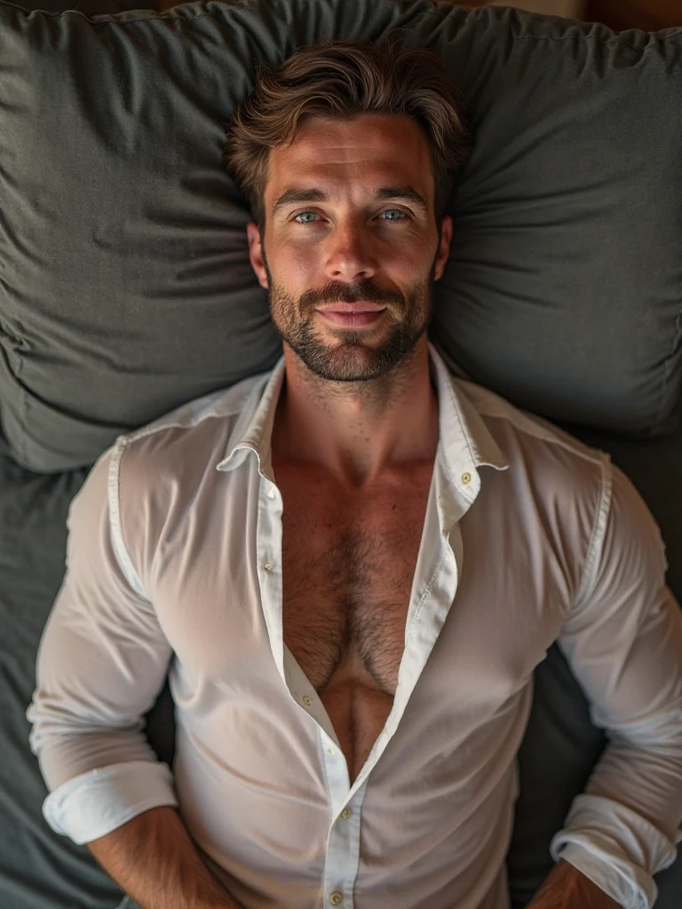 Masterpiece, denoise, void noise, one man, best quality, 8k resolution, male focus, focus only, amazing composition, volumetric lighting, super quality, elegant, Very detailed, front view, -----------, 35 years old, mature face, muscular, ((((Caucasian white man)))), (((white skin)), ((pale skin))), very handsome, (detailed light-blue eyes), ((dark brown hair)), big ears, (hairy), (scruffy beard), ((big pink nipples)), ((perky nipples)) ((())) ------------, ((((black shorts)))), ((((shirtless)))), (((sitting, legs open))), (((facing viewer))), (((rubbing chest))),