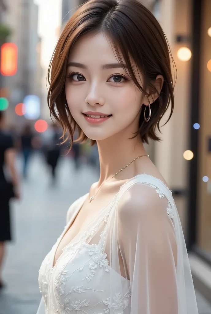 (8k, RAW Photos, highest quality, masterpiece, Realistic, Realistic), (1 female), (Ultimate beauty), Highly detailed face, (Perfect Teeth), Beautiful Eyes, double eyelid, eyelash, smile, Lip details, (Neat brunette bob), The light shines on your face, Big Breasts, ((Colorful mini dresses)), (Front view), (background: none),  Background blur