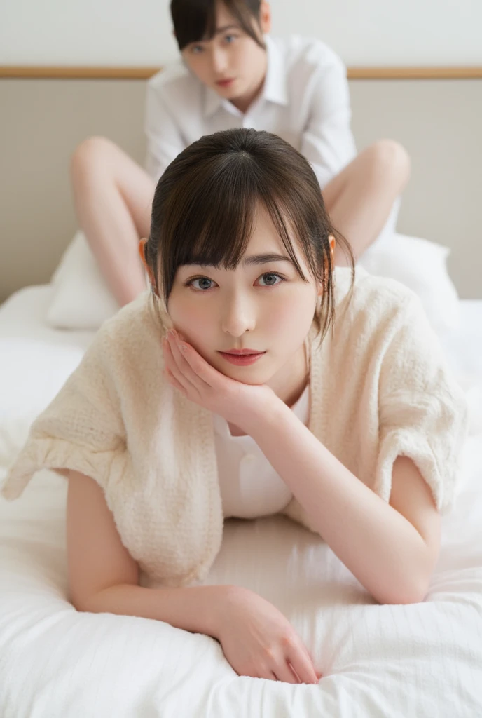 ((highest quality), 4k, High resolution, masterpiece),
(Full Body Shot:1.6), (Looking Down from Above:1.7),
Bright Morning:1.7, (flat lighting:1.8),
((Staring into the camera:1.6)),
a 11 yo perfectly beautiful girl(neat and clean:1.4, (delicate:1.6), (young), cute, slim, thin, Pale skin, japanese junior high school girl:1.7),
detailed beautiful face(baby face:1.7, small face:1.2, No makeup, Moist lips, parted lips:1.7, protruding ears),
Beautifully detailed eyes(Symmetrical eyes, Dark brown eyes, Big round eyes:1.6, Shining Eyes, double eyelid, Delicate eyebrows, delicate eyelashes, eye bags),
young body(Delicate clavicle, Narrow shoulders, flat chest:1.1, (Short torso:1.1), small nipples, pussy with no hairs, Thin arms, low chest, Tight waist:1.3, small ass:1.3, Thin legs:1.4, Thin thighs:1.4, Thin neck),
hair bun, open forehead, no panties,
(missionary sex on bed spreading legs:1.6)