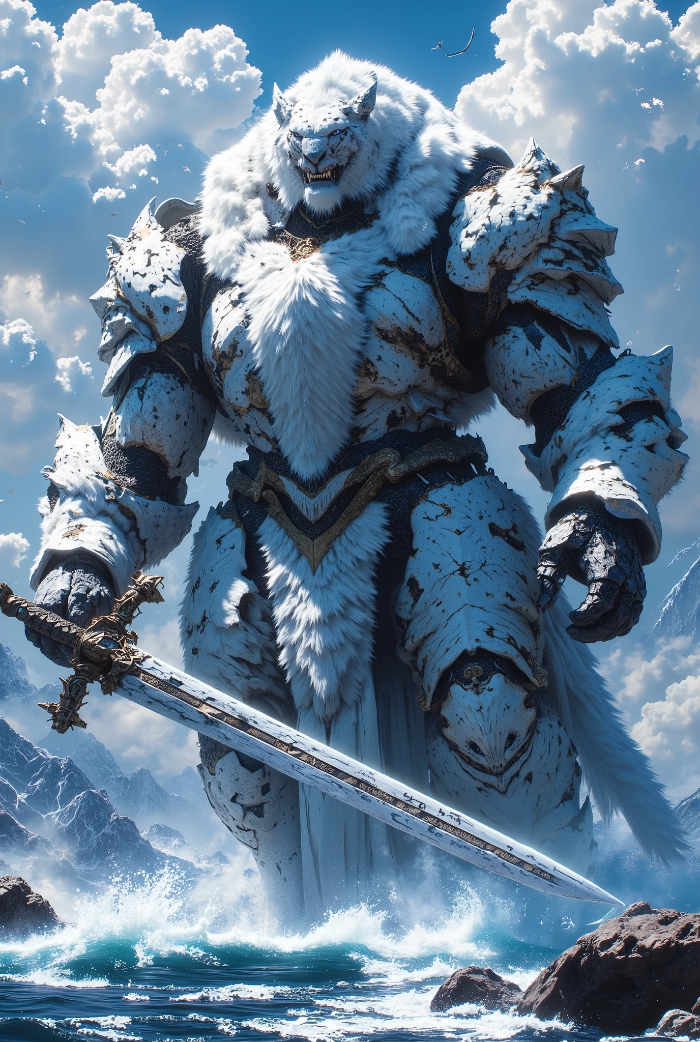 Giant Ice Tiger, wearing Metal SUIT, Carrying Big sword, Calamity Fire Iceberg As Ultimate Power