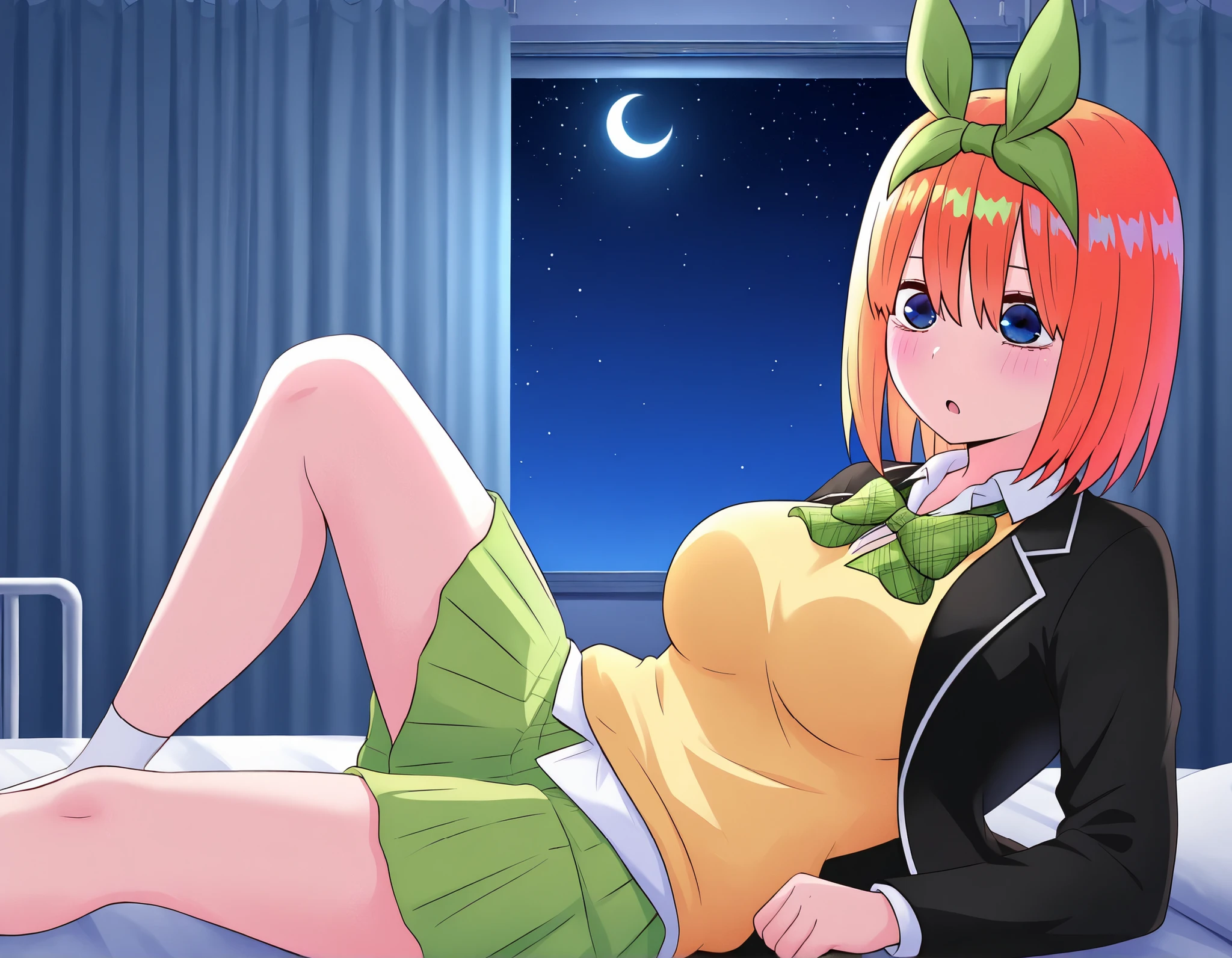 1girl,unwellness sickness nakano yotsuba, large breasts, orange hair, blue eyes, short hair, hair between eyes green bow hairband, black blazer, open blazer, yellow sweater vest, white collared shirt, bowtie, plaid bowtie, green skirt, pleated skirt,knee up,Infirmary,bed,screen,lie down on a futon,crescent moon, star (sky), dark room, night sky,