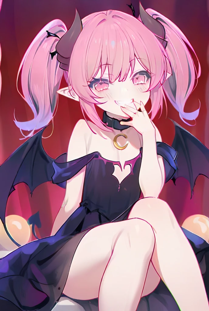 <lora:KuroCAT_Style:1>, high resolution, highly detailed, perfect lighting, beautiful detailed eyes, upper body, black background, 1girl, solo, looking at viewer, succubusxl, pink hair,demon horns, pointy ears, pink eyes, smiling, collared cape wings, detached sleeves, big breasts, necktie with bell, purple strapless top, underworld,night, <lora:Succubus-DXL10:0.7>,