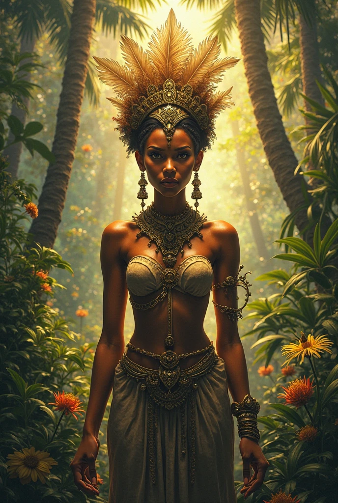 Africana, idade 15 anos, arte digital 64k uhd, floresta, fantastic face, peituda, seios grandes, corpo inteiro, beautiful creation, linda, beleza estonteante, bohemian, busto, luzes douradas, porcelana, surrealismo figurativo, altamente detalhado
