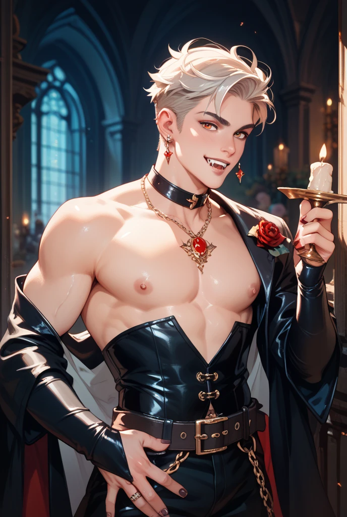 NSFW, ((masterpiece)), ((Best Quality)), ((extremely delicate and beautiful)), ((Completely and perfect body)), (Perfect and delicate 2 hands with 5 fingers),
((In the church of evil at night)), (((One beautiful adult man with blonde short hair and crimson red eyes is evil demon))), ((He is standing proudly and showing off his big erect penis hard)), (evil magic circle that shines ominously purple), He is wearing a white cloak, He wears a black choker that glitters ominously, (empty eyes, drooling, sexually aroused and ecstatic smile), open mouth, (Blush with aroused), well-muscled, flat chest, He has a glowing heart-shaped magic circle tattoo on the center of his chest, His body has no pubic hair at all, Lower half naked, Focus on character, adult man