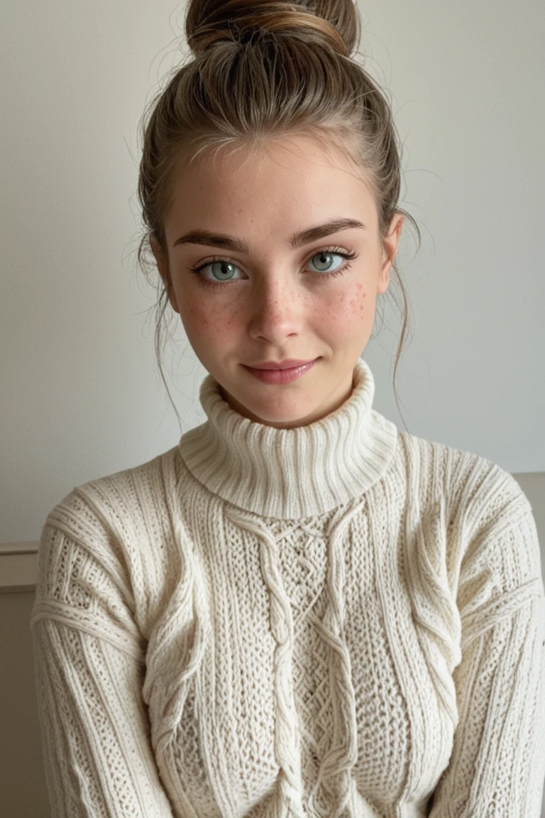 Portrait of a young woman with fair skin and delicate freckles, light-colored eyes (green or bluish-gray), long eyelashes, and thick, natural eyebrows. Her hair is copper red, styled in a messy high bun with wavy loose strands framing her face. She has a soft, slight smile. Wearing a chunky knitted turtleneck sweater in cream or light beige. Soft natural lighting, blurred light gray background. Close-up composition, minimalist and cozy aesthetic, natural look, modern and feminine focus on the face.

