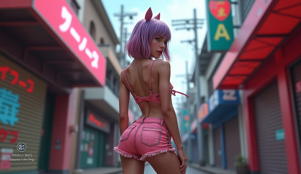 1 chica en, Cara alegre, Cabello largo rosa original, long eyeslashes, hermosos ojos con brillo, surrealismo, sombra, estereogramas, (fotorrealista, realista: 1.2), Pov, atmosphric perspective, cinematic lighting, Trazado de rayos, 8k, Super detail, La mejor calidad, Masutepiece, bien detallado, (Canan EOS R6, 135 mm, 1/1250s, f/2.8, ISO 400:0.9), cyberpunk, Neones, neon signs, Tienda de ramen, noche, escote, from the rear, cuerda, camiseta, colillas de burbuja, Small, round buttocks, agacharse, NSFW, desnuda