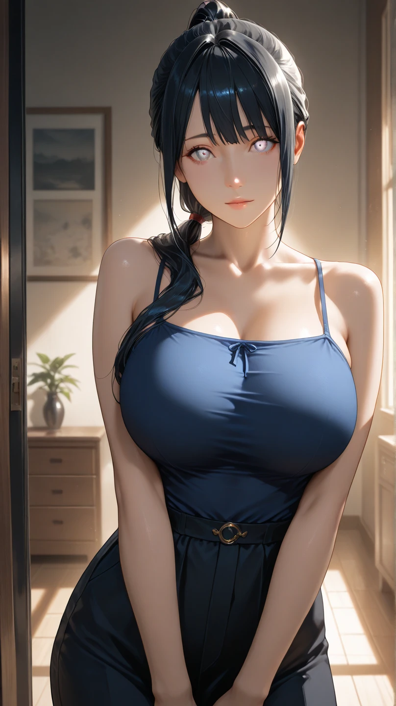 ultra realistic 8k cg, masterpiece, ((ultra detailed background, delicate pattern, intricate detail, highly detailed, fine details best quality, hyperdetailed face)), gigantic breasts ,beautiful lighting, absurdres, BoaHancockV2, 1girl, solo, black hair, long hair, jewelry, closed mouth, ), (crop top, turtleneck, bare shoulders, black pencil skirt, underboob, earrings, blue eyes, complex detailed background, inside, castle room environment, medieval castle), ((cowboy shot)), curvy