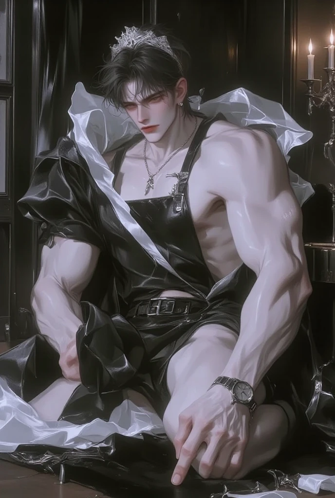 A male with medium-length black hair (tied into a ponytail), blood-red eyes, slightly pale skin, a slender figure, slight muscle lines (abdominal muscles), an evil expression (the corners of his mouth are raised),Prisoners (in prison uniforms), detailed scenes (in cells, chained)