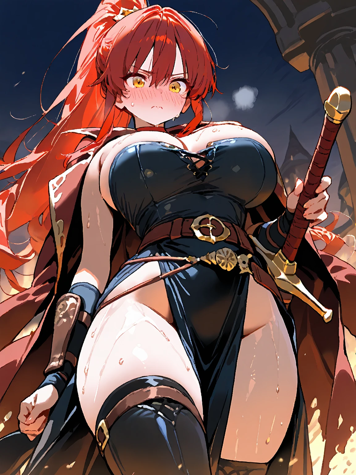 CovenSL, Ablaze, magie, mask, NinymGP, hair ornament, best qualityer, work of art, high resolution,breasts big,look of hatred,raining in the background,holding an iron sword,cutting a Dragon in half