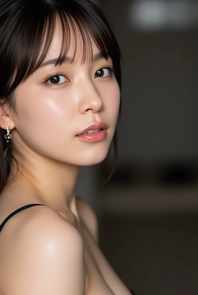 8k,Highest quality, masterpiece, Ultra-high resolution, (Realistic:1.4), RAW Photos, (Real skin texture:1.3), (Film Grain:1.3), (Selfie angle),One girl,Beautiful and detailed eyes and face,masterpiece, Highest quality,close,Upper Body,Completely naked,Mouth half open,D Cup