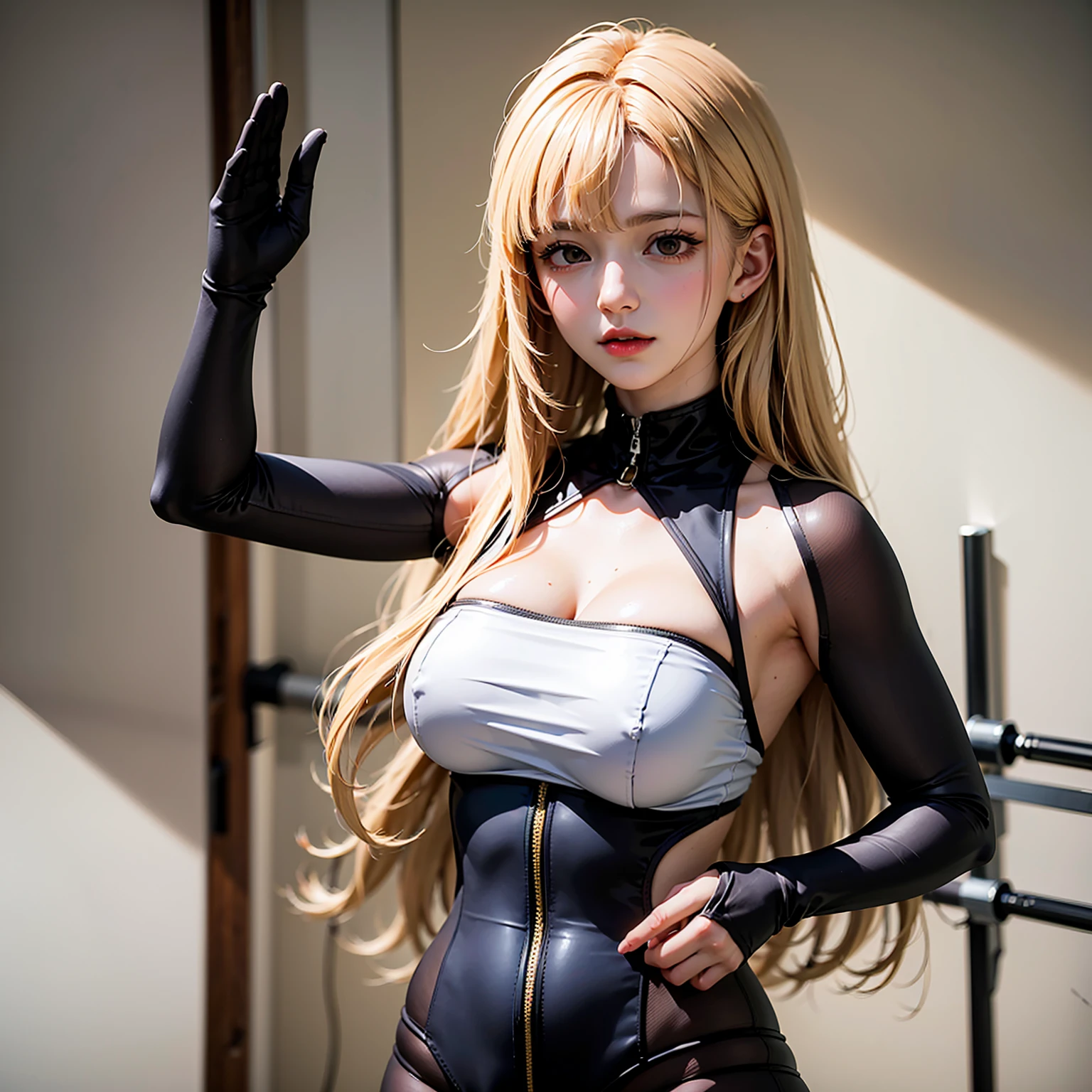 Girls wear skirts,It's a perfect face,scantily clad,Willow waist,(actual, realistically), (超高分辨率), (depth of fields),Striped hair,Thigh thick,view the viewer , insanely details, Complicated details, Skeleton costume,(Lop), Lower chest Skeleton costume,Shiny holographic Skeleton costume:1.1 , Large breasts droop,Blonde hair,Redlip ,see-through skirt,(((8K,winning artwork,dynamicposes))),