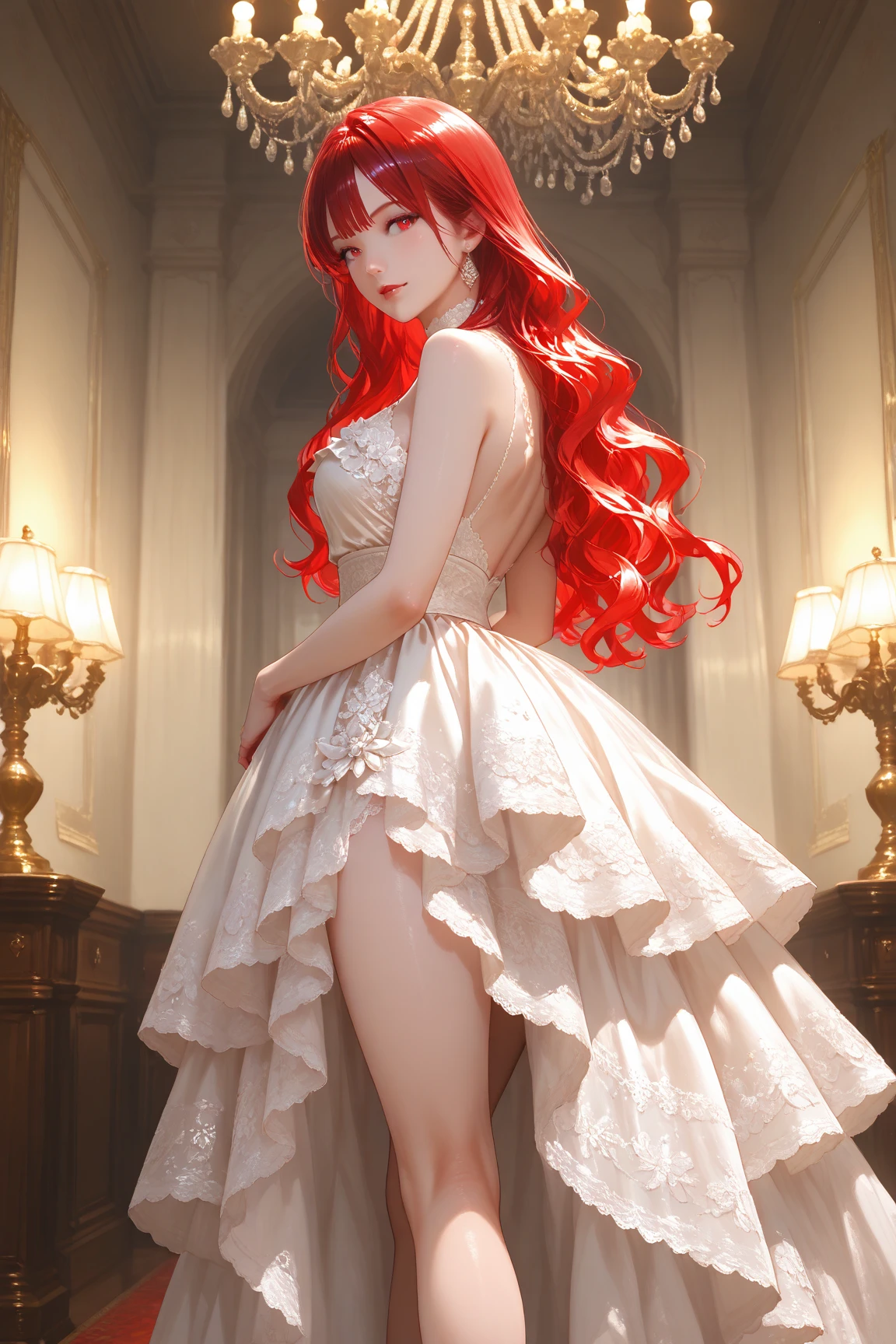 ((Full body photo, standing, feet on the ground)) (best quality, masterful work), 1 chic, straight hair, wavy red hair, wide smile, supportive and comfortable, inside a castle, long hair