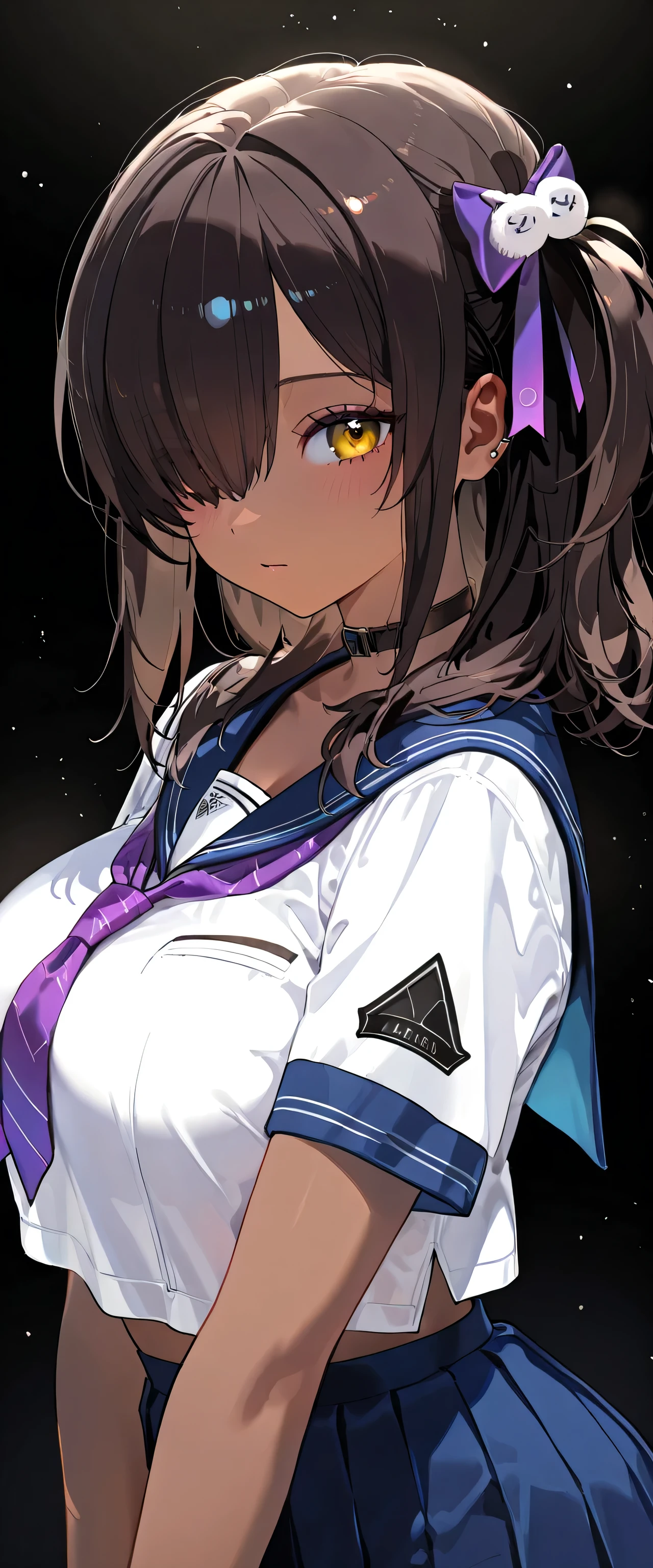 masterpiece, best quality, high resolution, very detailed 8k, very detailed, 1 girl, solo, naga, nikke, (((brown skin))), thin, calm girl, beautiful and cute girl, slender, round body, ample  , (((shoulder length medium hair, tied side medium hair))), hair over one eye, dark brown hair, dark yellow eyes, look at viewer, she is wearing official school uniform:1.3, black background:1.3, she is standing, focus a girl