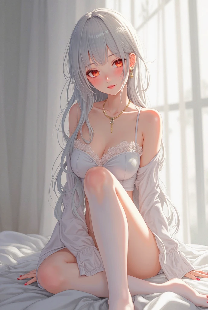 Best Quality,High resolution,8K,finelity detailed background,Masterpiece:1.2),beautiful girl,Glossy romance gray hair,asymmetrical hair,Gray eyes,Gentle look,A refreshing look,Best quality,Best Quality,Aesthetic and aesthetic:1.2,Best details((Super detailed))(High-definition CG illustrations),Grey underwear (gray,intricate lace),Slender body,moon,Late Night,Bedroom,On the bed,smile,blush,cute,Scrounge,Looking up,Being spoiled,super model,shoot from above