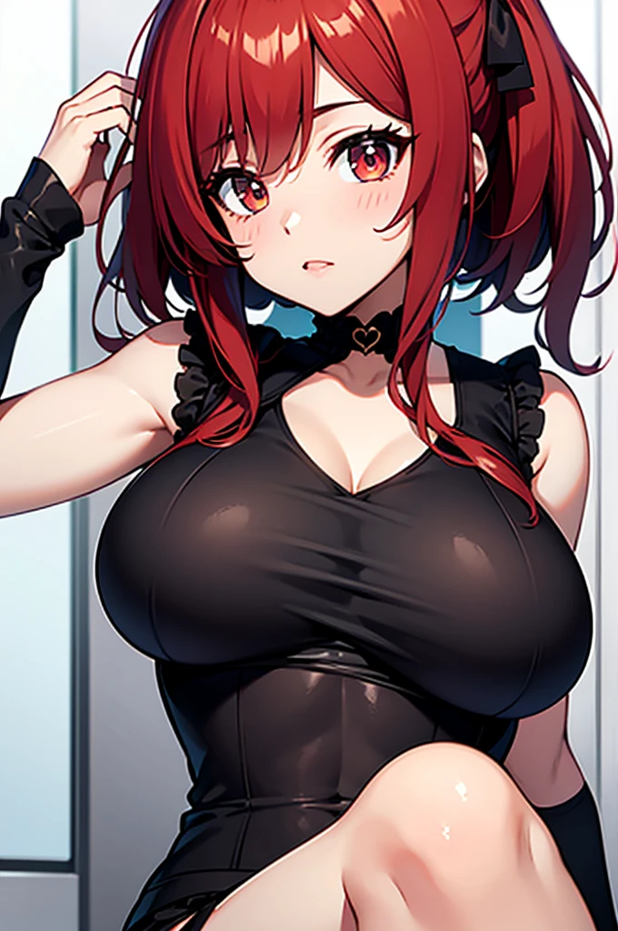 One person, High resolution, big breasts,Bangs between the eyes, masterpiece, Highest quality, Medium Hair, Red hair,Pink eyes, anime,