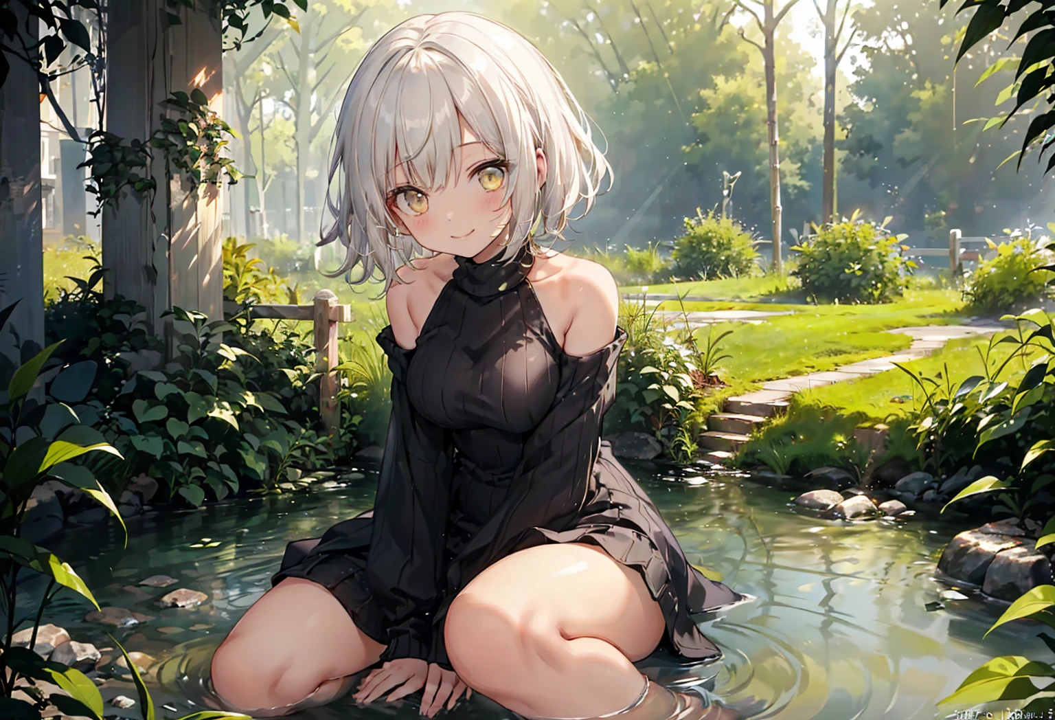 anime, beautiful face, highly detailed face, (2 accurate legs:1), green detailed eyes, highly detailed beach background, perfect lighting, best lighting, (no shadows:1.2), 1girl, solo, outdoors, genshin impact, hair ornament, noelle, (beautiful sliver hair:1.2), absurdres, high res, ultrasharp, 8K, masterpiece, looking at viewer, smile full of love, blushing, BREAK (detailed sexy beach bikini:1.3), (all intricate lace:1.2), (hands on face:1.2), elegantly posed