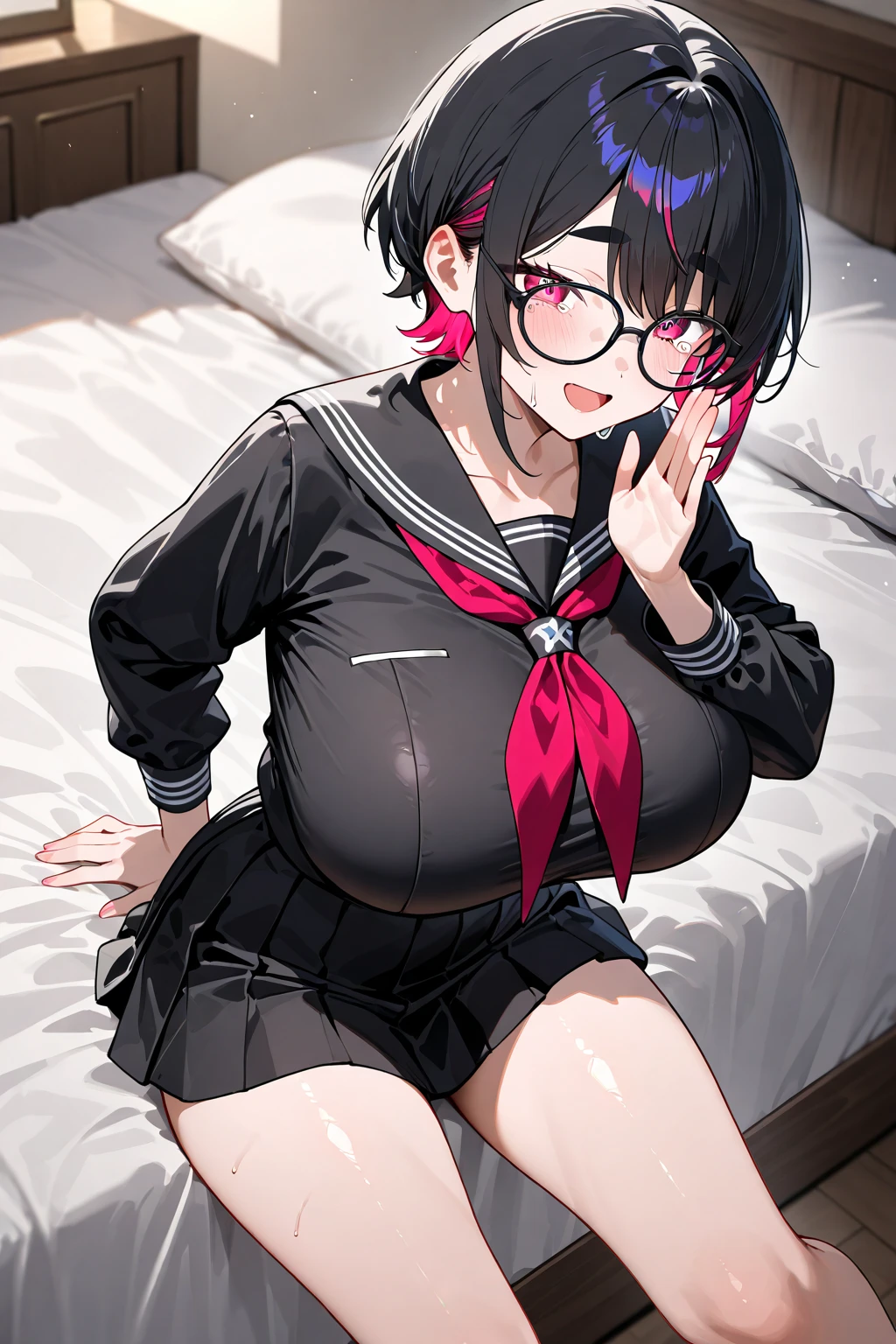 masterpiece,best quality at best,Japan,gesture,_gesture,1 sister,blush,Awak,Tongue rest_go out, best quality, Ultra-high detail, The real Chinese dream, Short hair details, Braided Hair, Brown hair, Violet eyes, black泽福, Green tie, black裙子, black,,Transparent milky texture on face,in the classroom,black色水手服,lie