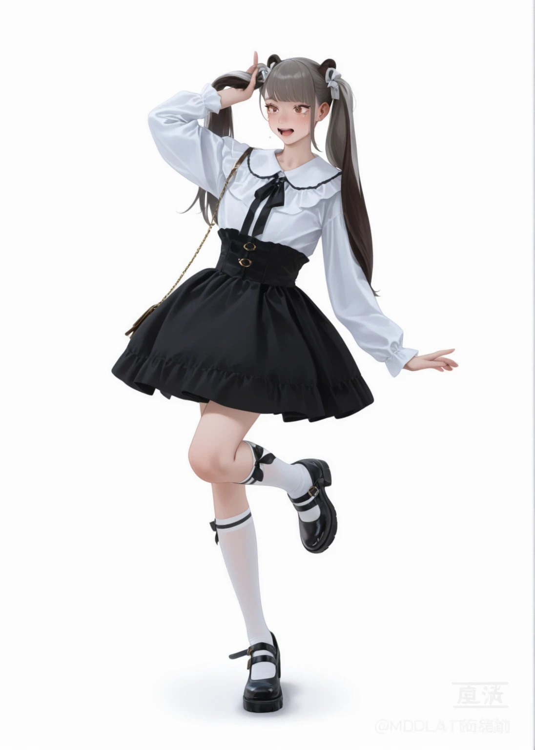 masterpiece, best quality, outdoor, blush, 1girl, apron, black dress, black footwear, black hair, blush, brown eyes, brown legwear, dress, garter straps, black high heels, long hair, long sleeves, looking at viewer, maid, maid headdress, shoes, smile, solo, thighhighs, skirt hold, skirt lift.