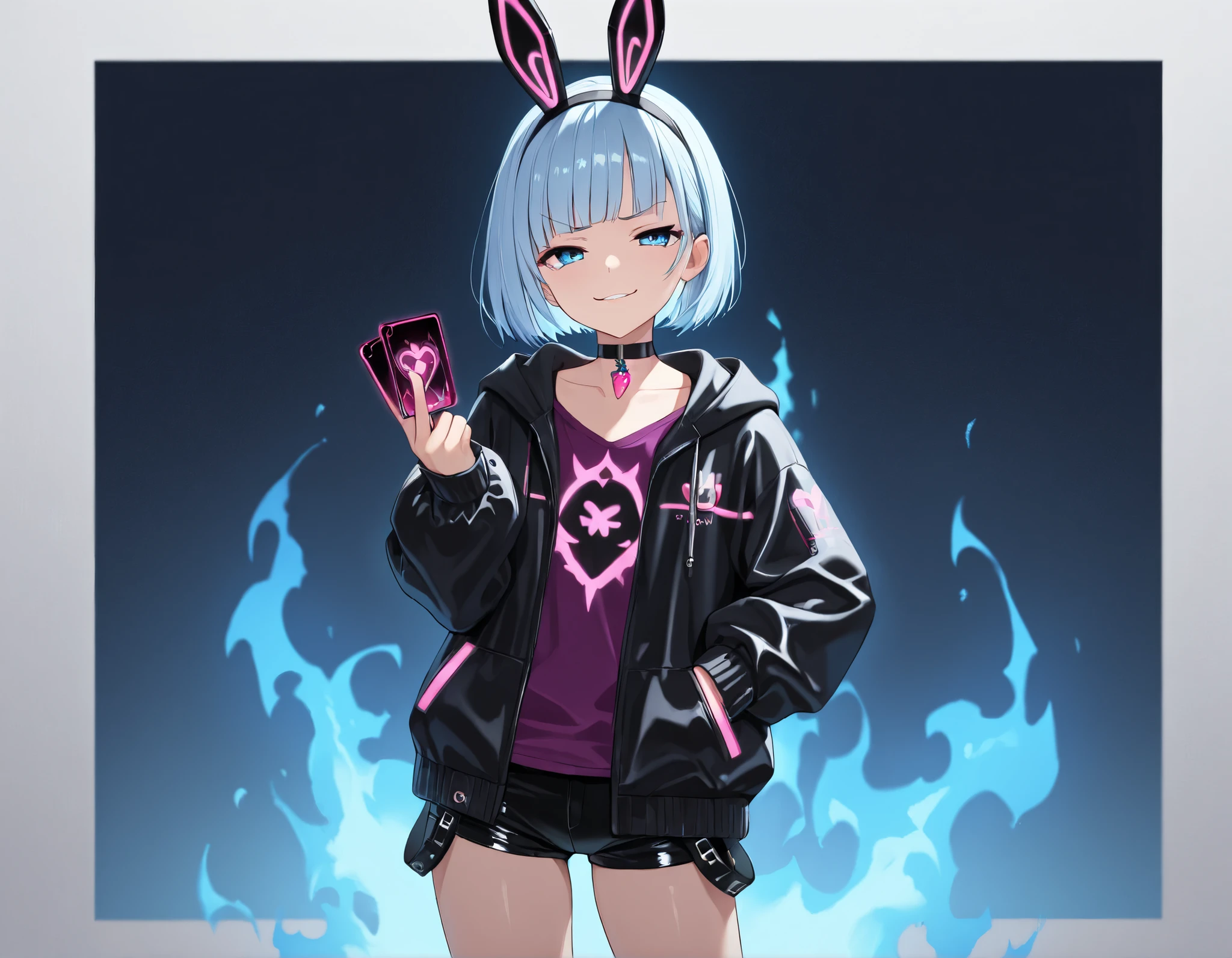 Takeda, {- anatomy error} , masterpiece, detailed, extremely detailed face, perfect lighting, perfect anatomy, perfect body, perfect hands, perfect face, perfect eyes, perfect fingers, detailed face, detailed eyes, score_9, score_8_ up, score_7_ up, anatomically correct, {1girl}: (18 years old, bob cut hairstyle, bangs, blunt bangs, short light blue hair, dark blue eyes), (black hairband, carrot pendant on a black leather choker, black jacket, open jacket, hood, hood down, hooded jacket, jacket, purple shirt, long sleeves, puffy long sleeves, sleeves past wrists , mini shorts, collarbone, fake animal ears, pink glowing LED bunny ears), BREAK, standing, (victory pose, raising her hand to the sky holding a card, looking at the viewer in a smug manner, blue fiery aura surrounding her, epic scene, blue aura surrounding her, shining light)
