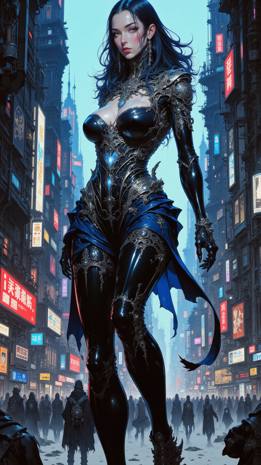 best quality,4k,8k,highres,masterpiece:1.2,ultra-detailed,realistic:1.37,HDR,UHD,studio lighting,ultra-fine painting,sharp focus,physically-based rendering,(Yoshitaka Amano style:1.1),SFW,(safe for work), A nordic woman and her guardian familiar, mystical creature,otherworldly creature,enchanting companions,wearing stylish futuristic clothes,inspired by Phantasy Star Online,action shot, (The woman, with her eyes brightly colored, no makeup and her nordic facial features elegantly detailed, adding to her allure. Dressed in elegant casual clothes with a stylish futuristic jacket.), (She is accompanied by a guardian, a mushroom-like creature with exquisite jellyfish features resembling a kraken. The creature's presence adds a sense of wonder and magic to the scene.), (The woman and her companion stand in a dark and gothic city, a modern metropolis with surreal plants, and vibrant signs. The colors are vibrant, with a mixture of blues, olive, and pale reds creating a dreamlike atmosphere.), (The lighting is soft but illuminating, casting a gentle glow on both the woman and the creature.), (The overall composition has a realistic and photorealistic quality, capturing the essence of the scene in intricate detail.), (The art style is inspired by Yoshitaka Amano, known for his ethereal and otherworldly illustrations. The combination of realistic elements with the artist's unique style creates a captivating and visually stunning image.),Greg Rutkowski