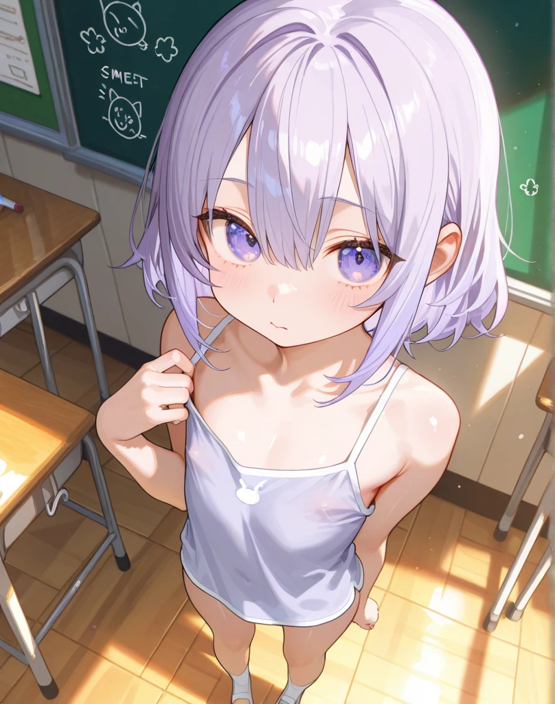 (masterpiece, best quality:1.2), 8k, official art, raw photo, incredibly absurdres, ,highschool student,beautiful girl, pretty face, arch back, , close up, , short sleeve, gardenia, bob cut, , classroom, looking at viewer, (cowboyshot:1.3),(small brests:1.2),(skinny:1.2),lamenation,(fullnude:1.7),pussy,