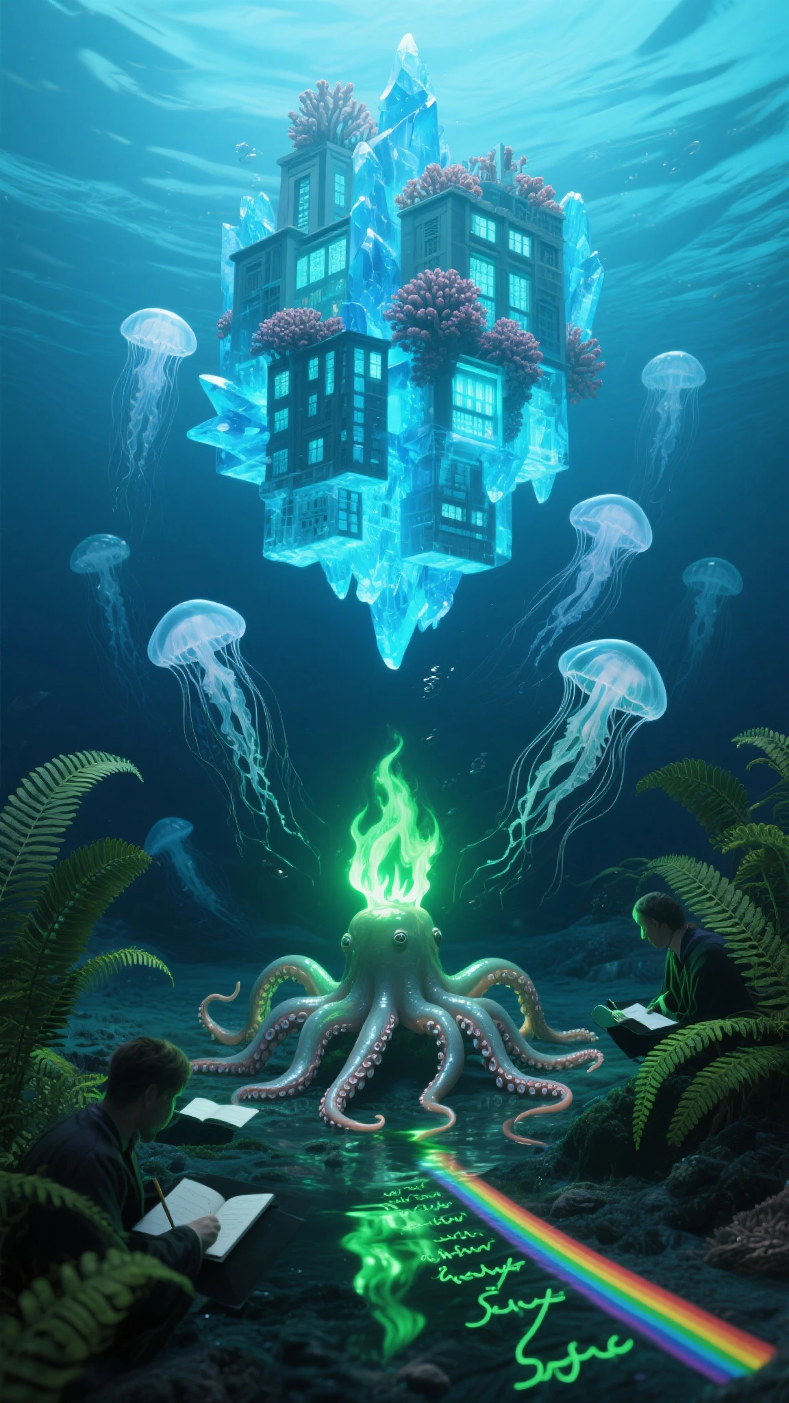 <lora:ElementWaterSDXL:1>ElementWater Inkblot art of a discovered underwater cave with remnants of a lost civilization, Tea party setup with cups, saucers, and a teapot on a stone table, dimly lit by bioluminescent plants and fish, Diver in scuba gear exploring, Ancient artifacts, Moss and algae covered walls, Ornate patterns and symbols on pottery and structures, Calm and mysterious atmosphere, Blue and green hues, High contrast, Ink and watercolor style, A4 paper size, 300 dpi, water, swirling, splash