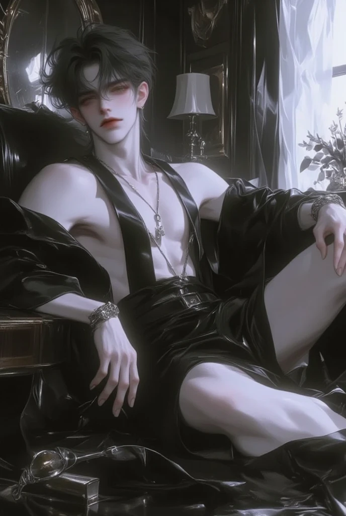 ((Лучшее качество)), ((шедевр)), (подробный), A naked man with white hair and a short haircut is sitting on a red leather sofa