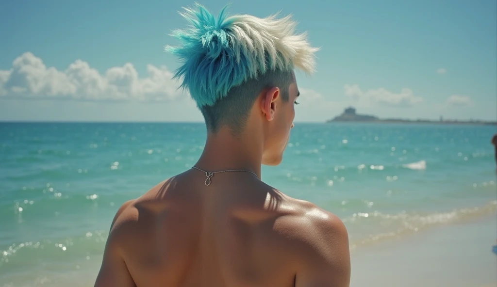 (extremely detailed and high-quality illustration),(best lighting and shadow effects, ultra-realistic), beach, young man with a wheat skin tone and short light white hair, looking out at the ocean with a pensive expression,muscle