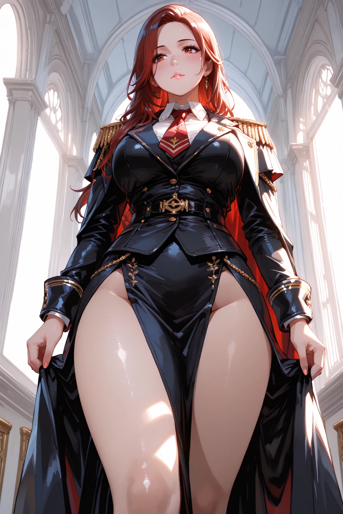 Female, alone, paladin of light, human, light powers, expert fighter, red hair, detailed eyes, beautifull face, long hair, defined body, yellow and bright eyes, thick legs, strong legs, tall, Voluptuous legs, black armor, palading black armor, huge ass, big hip, big ass,  wearing black coat, black and red robes, detailed eyes, big hips, thick body type