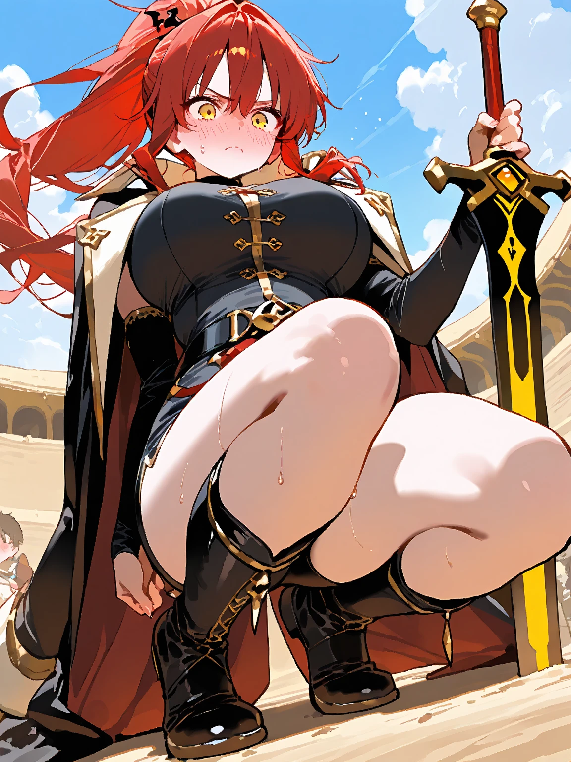 Masterpiece, best quality, full hd 8k, highly detailed, picture perfect, solo, 1 woman, mature, medium breasts, golden eyes, long red hair, mischievous look, mischievous smile, sharp teeth, knight, squatting, legs apart , full body, revealing clothing, micro bikini armor, nude armor, plush cape, excessive female pubic hair, hairy pussi, oppen pusy, pussy pressentig, female masturbation, fingering pussy, shoulder armor, shoulder pads, armor heel boots, sabaton, greave, poleyn, tasset, lame, bracers, gauntlet, couter, rerebrace, dor background, nfsw